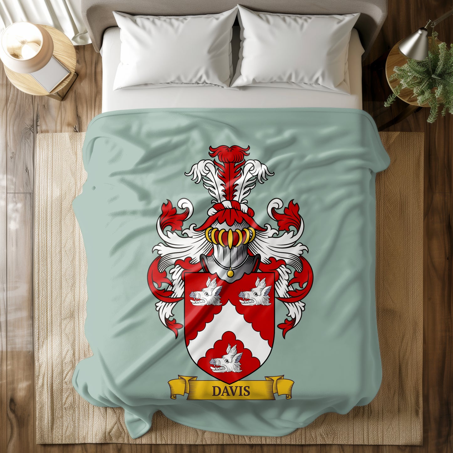 Bed with a green blanket featuring a red and white coat of arms design on a light green background.