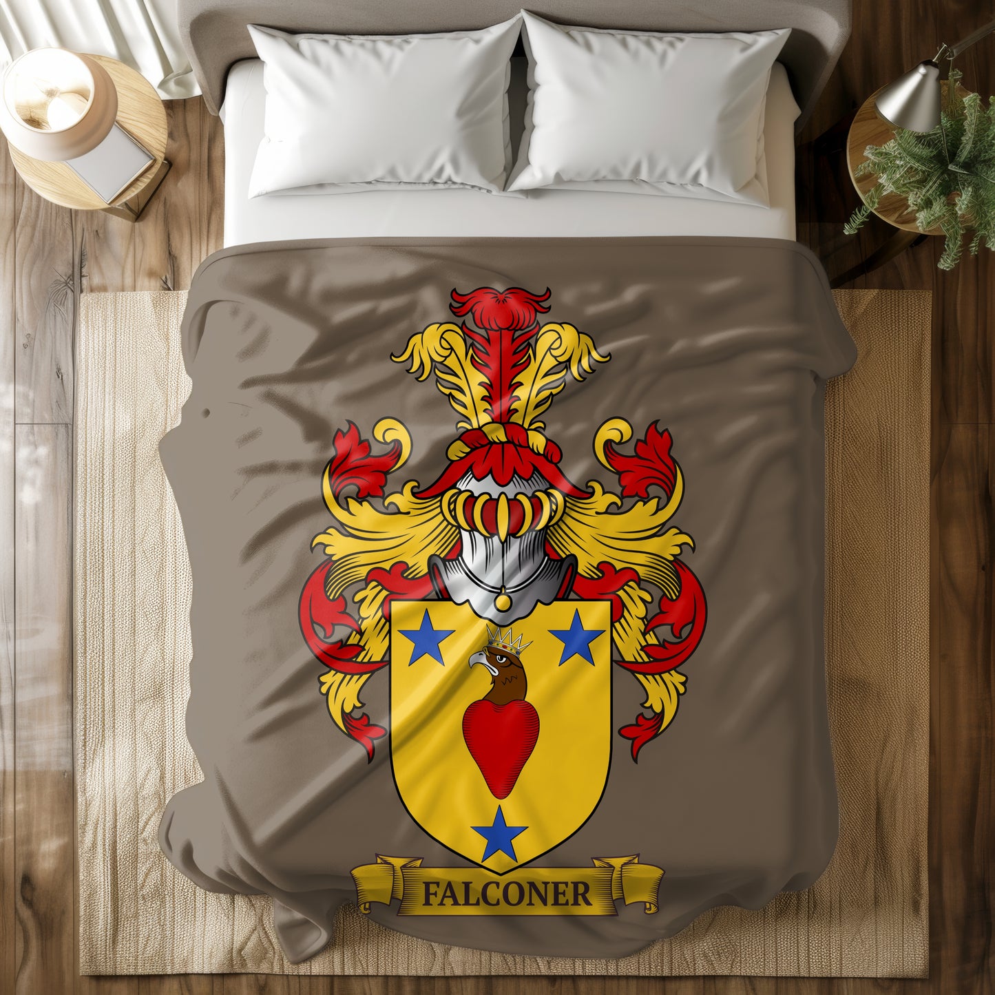 Bed with a brown blanket featuring a colorful coat of arms