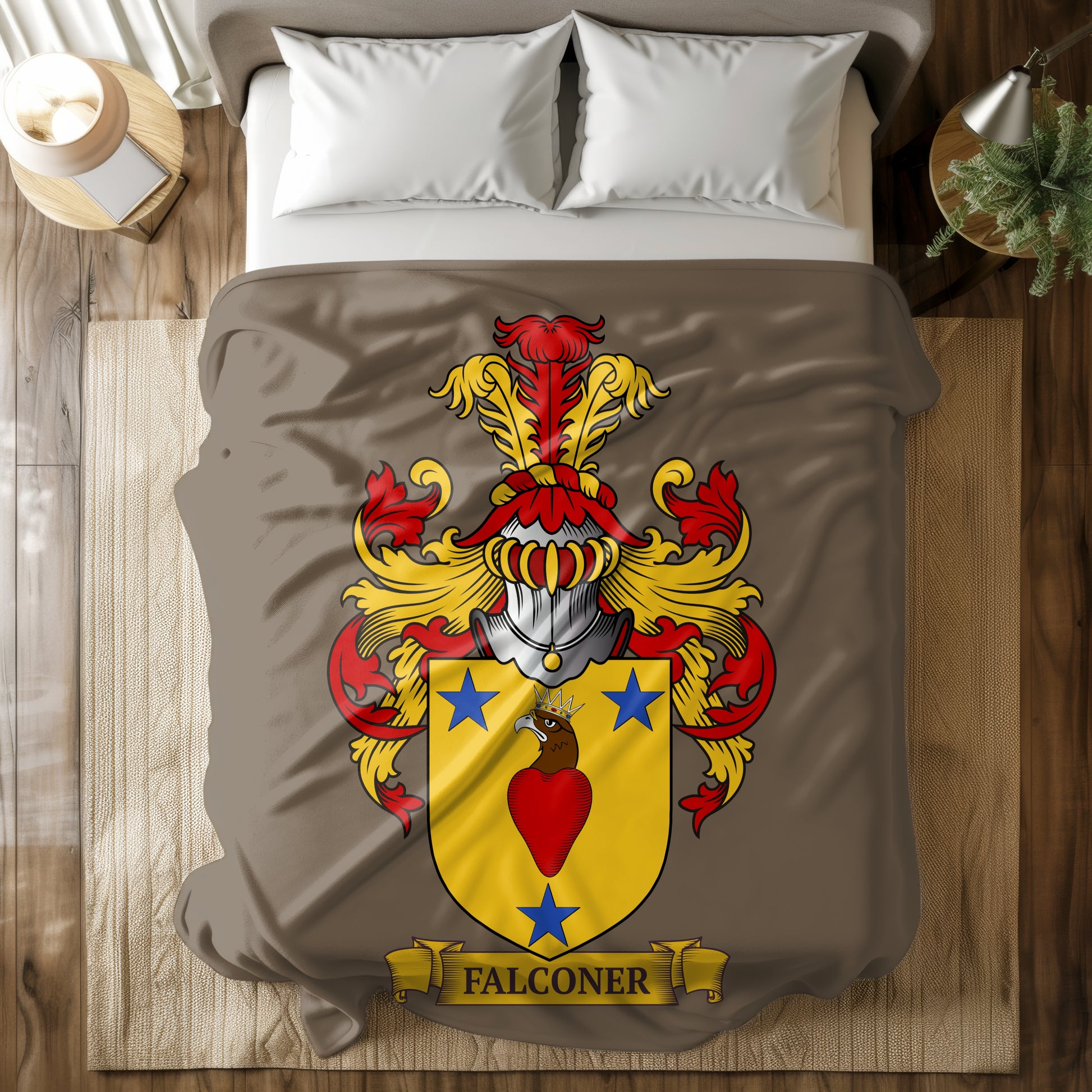 Bed with a brown blanket featuring a colorful coat of arms