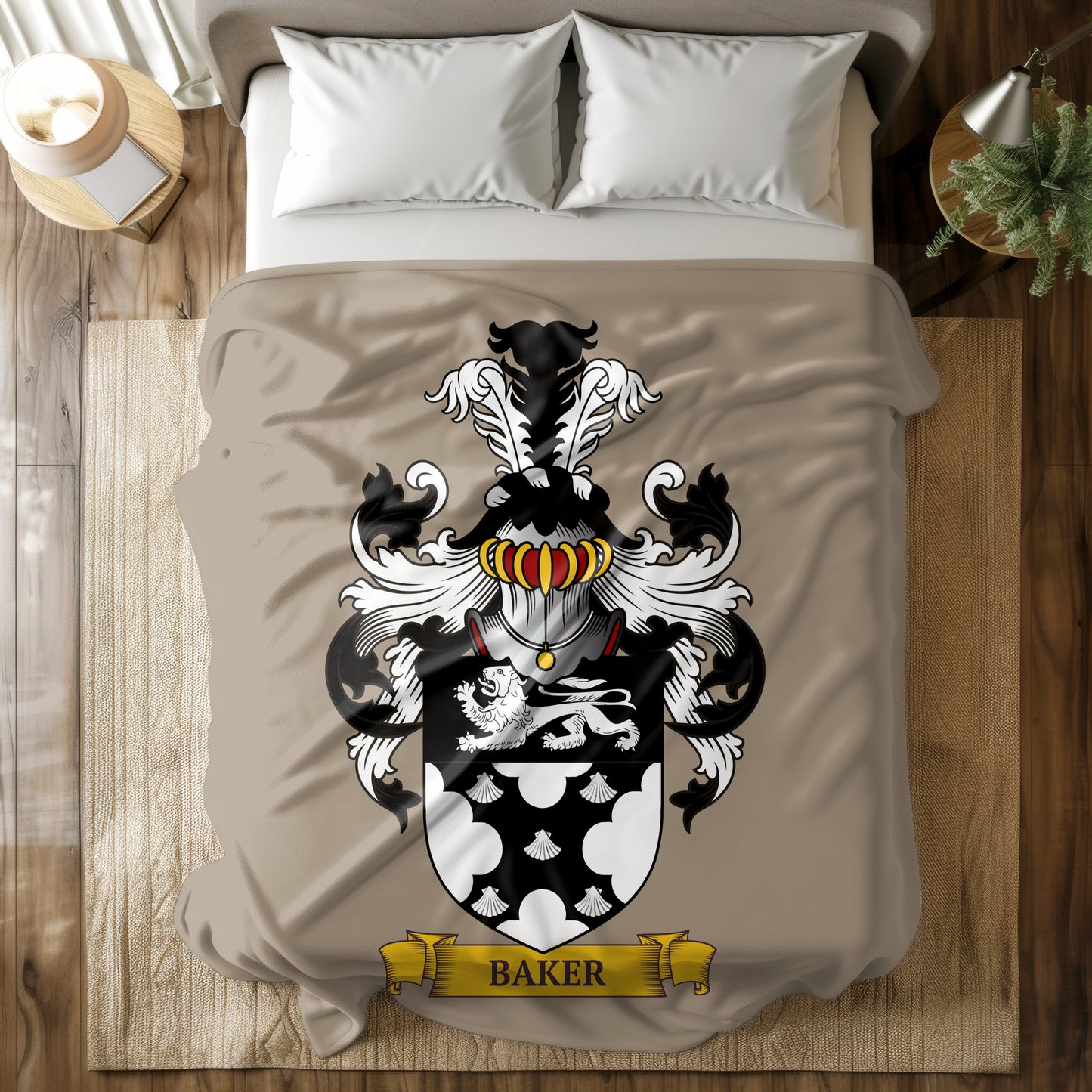 Beige velveteen plush blanket with a family crest featuring the last name 'Baker' on a wooden floor.