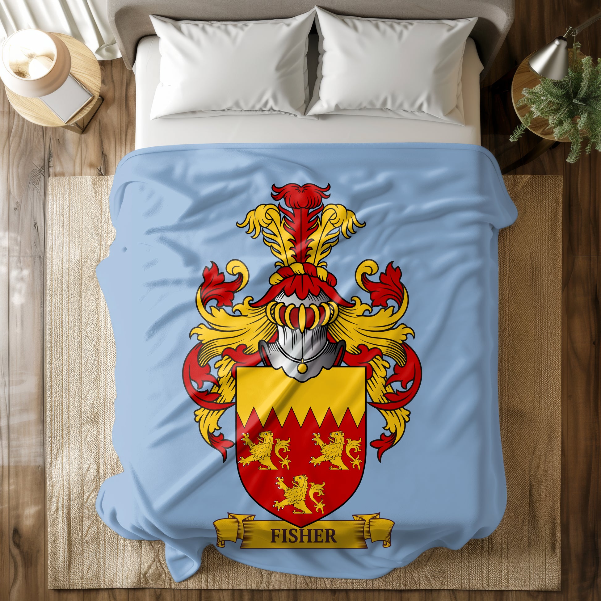 Bed with a blue blanket featuring a red and yellow family crest