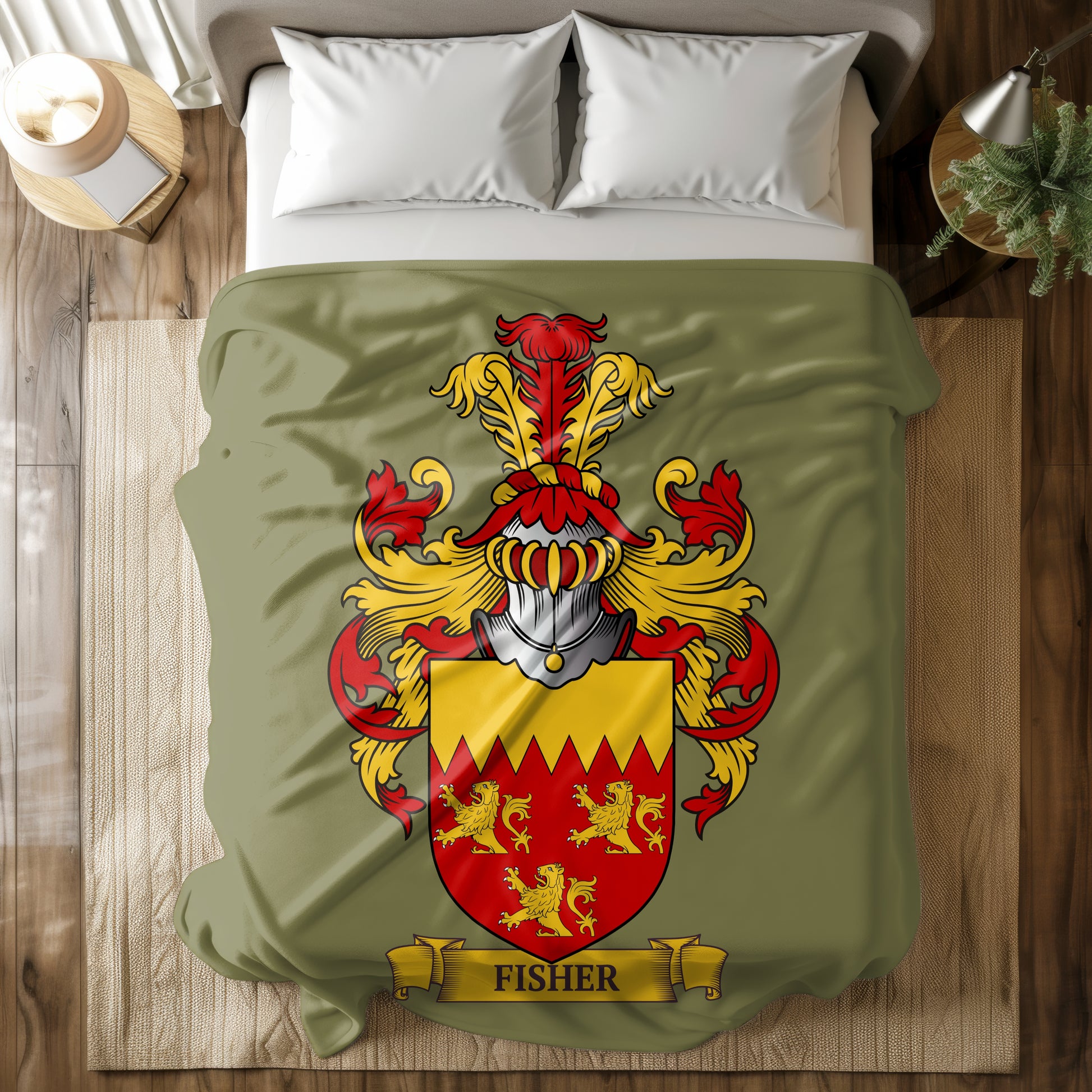 Personalized green blanket with  family crest design featuring lions and a shield