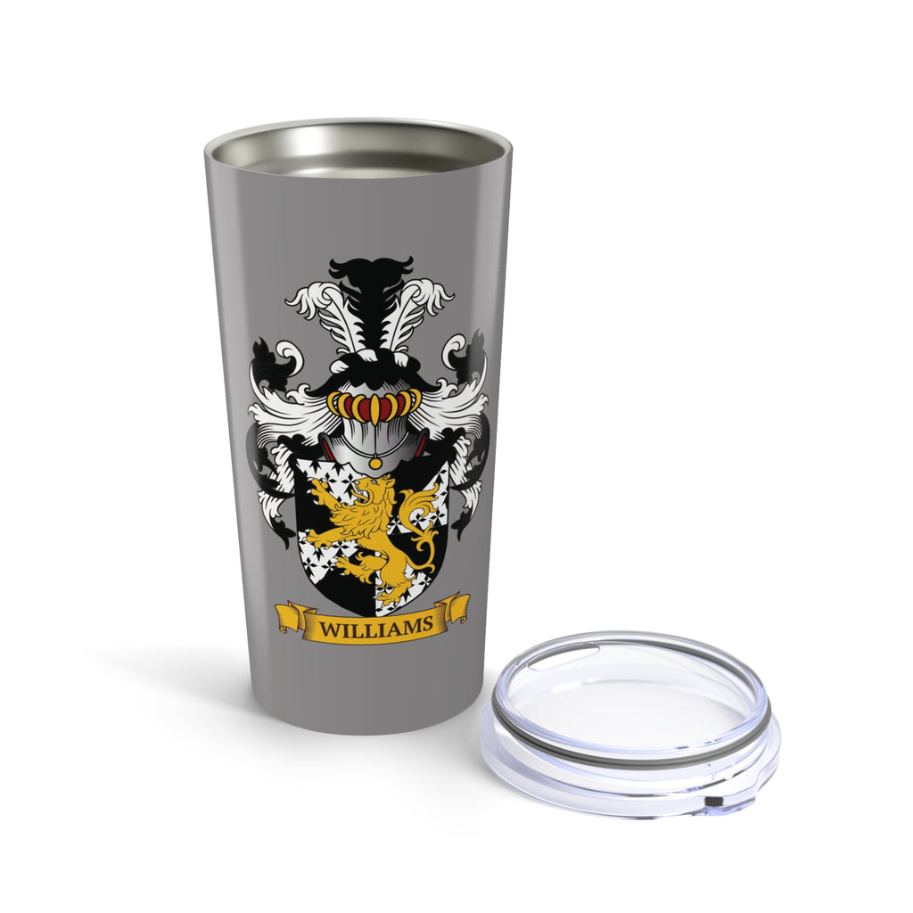 Gray stainless steel tumbler with a family crest design and 'Williams' last name on an antique scroll