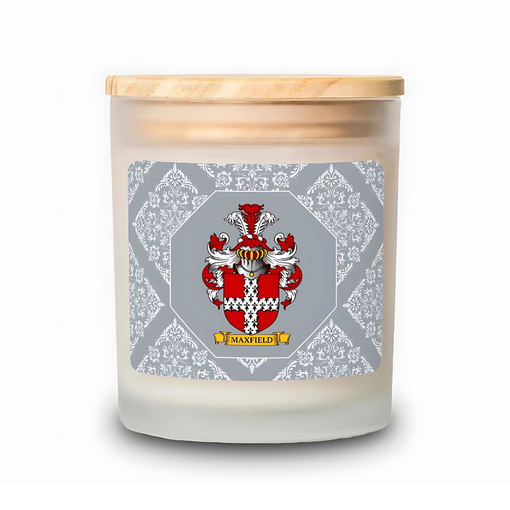 Candle with a decorative label featuring a coat of arms on a white background