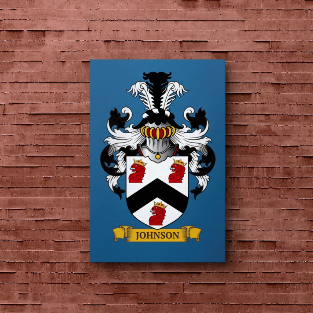 Personalized blue metal print of a family crest, displayed on a man cave wall.