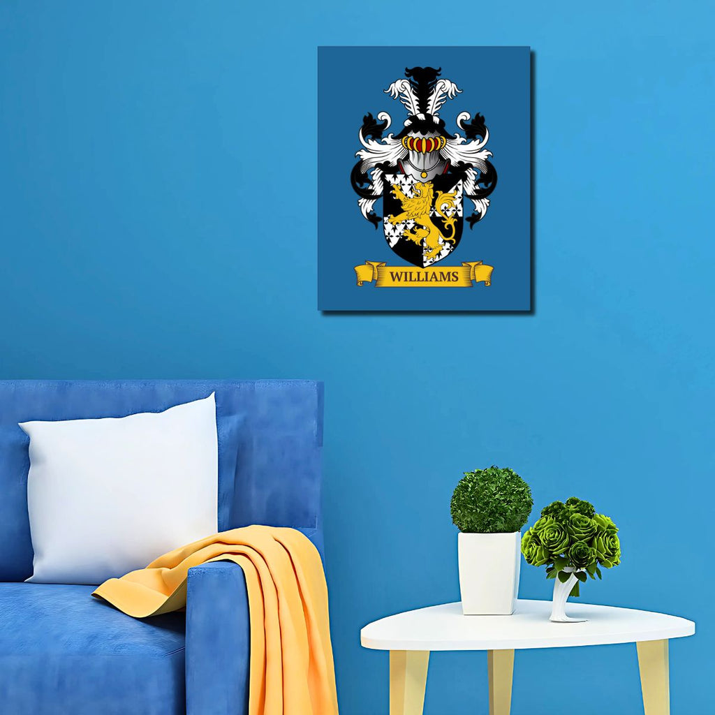 Blue metal print with a Family crest, on a blue wall above a blue sofa.