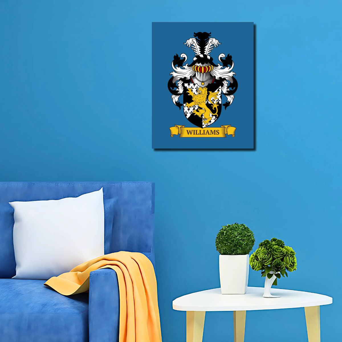 Blue metal print with a Family crest, on a blue wall above a blue sofa.
