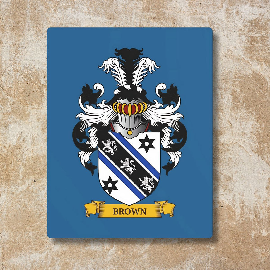 Personalized blue metal print with a Family Crest on a beige background