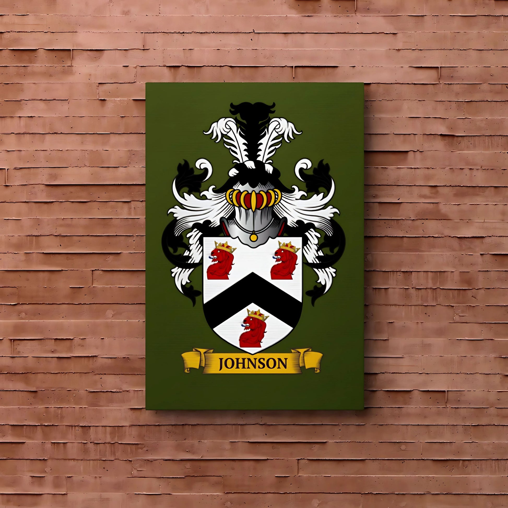 Personalized green metal print of a family crest, displayed on a brick wall.