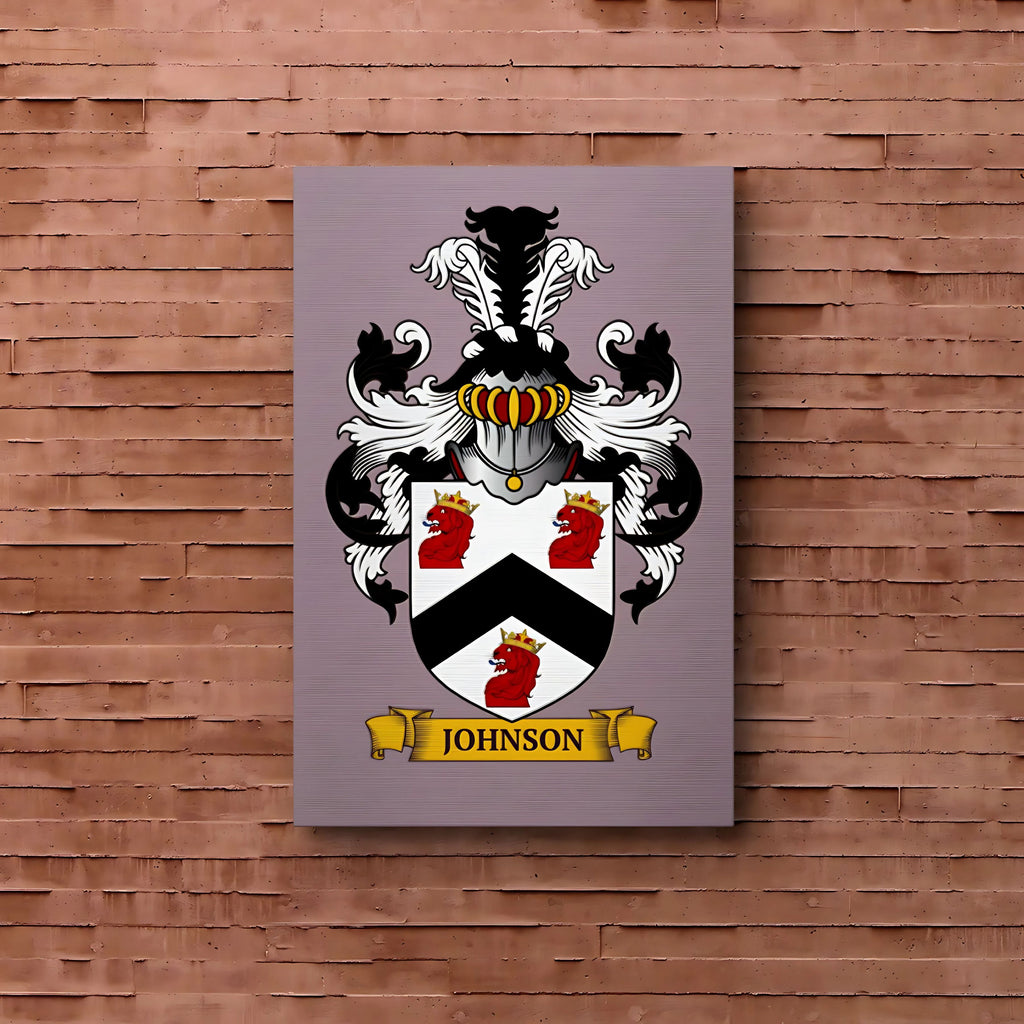 Mauve metal print of a family crest, on a brick wall.