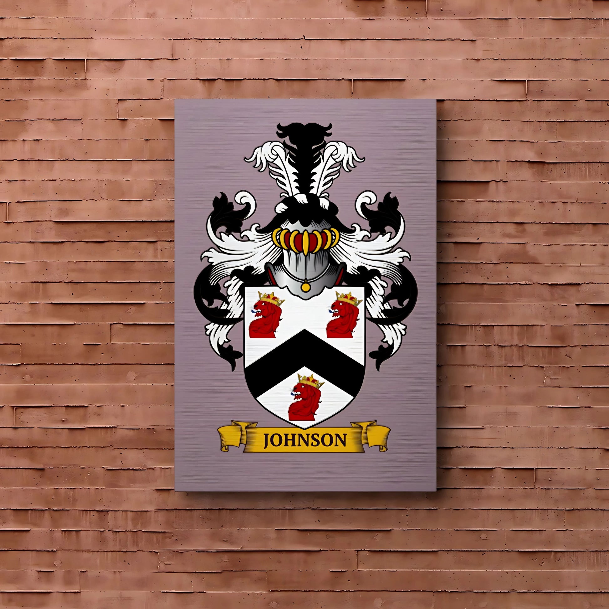 Mauve metal print of a family crest, on a brick wall.