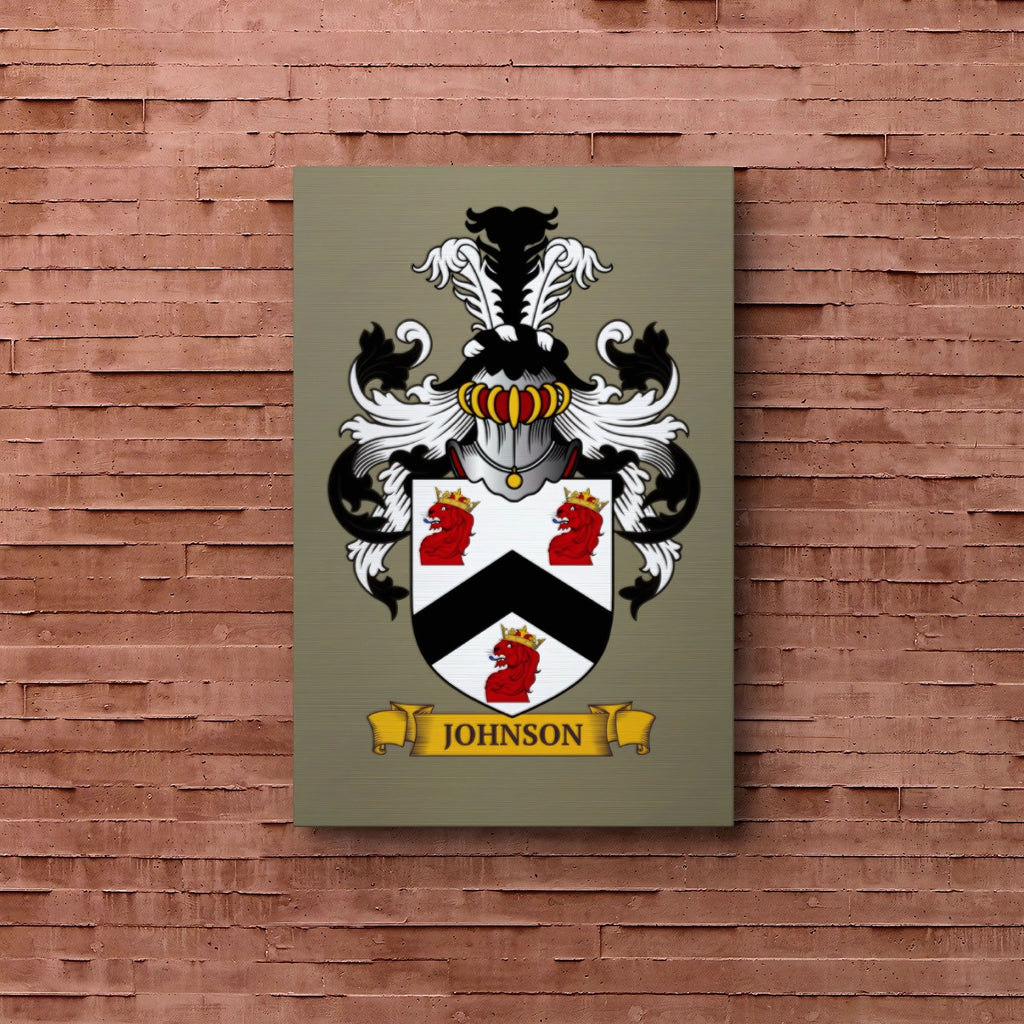 Beige metal print of a family crest, over a brick wall.
