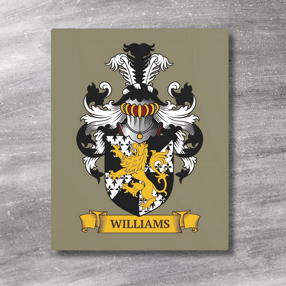 Personalized beige metal print with a Family crest with lion emblem on a gray background