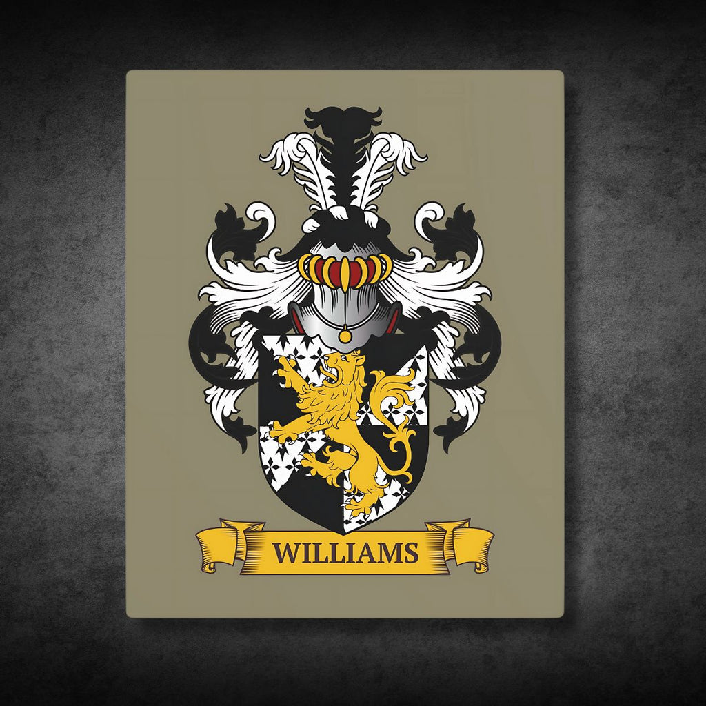 Personalized beige metal print with a Family crest with lion emblem.
