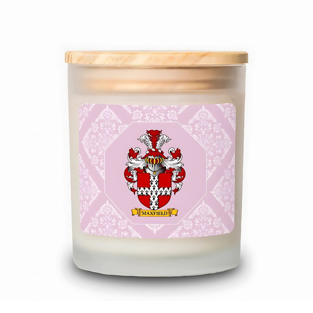Pink Personalized Candle featuring a family crest on a white background.