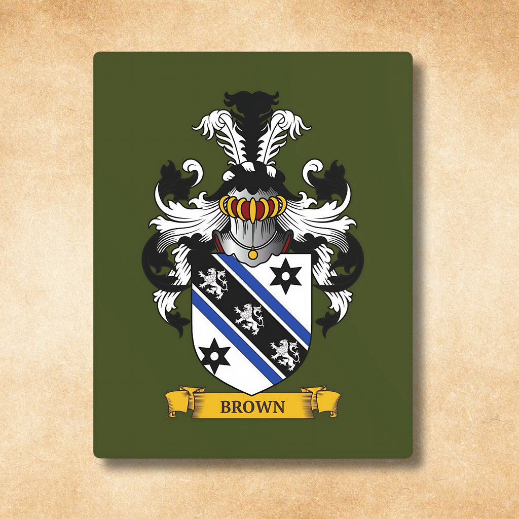 Personalized green metal print with a Family crest  on a beige background