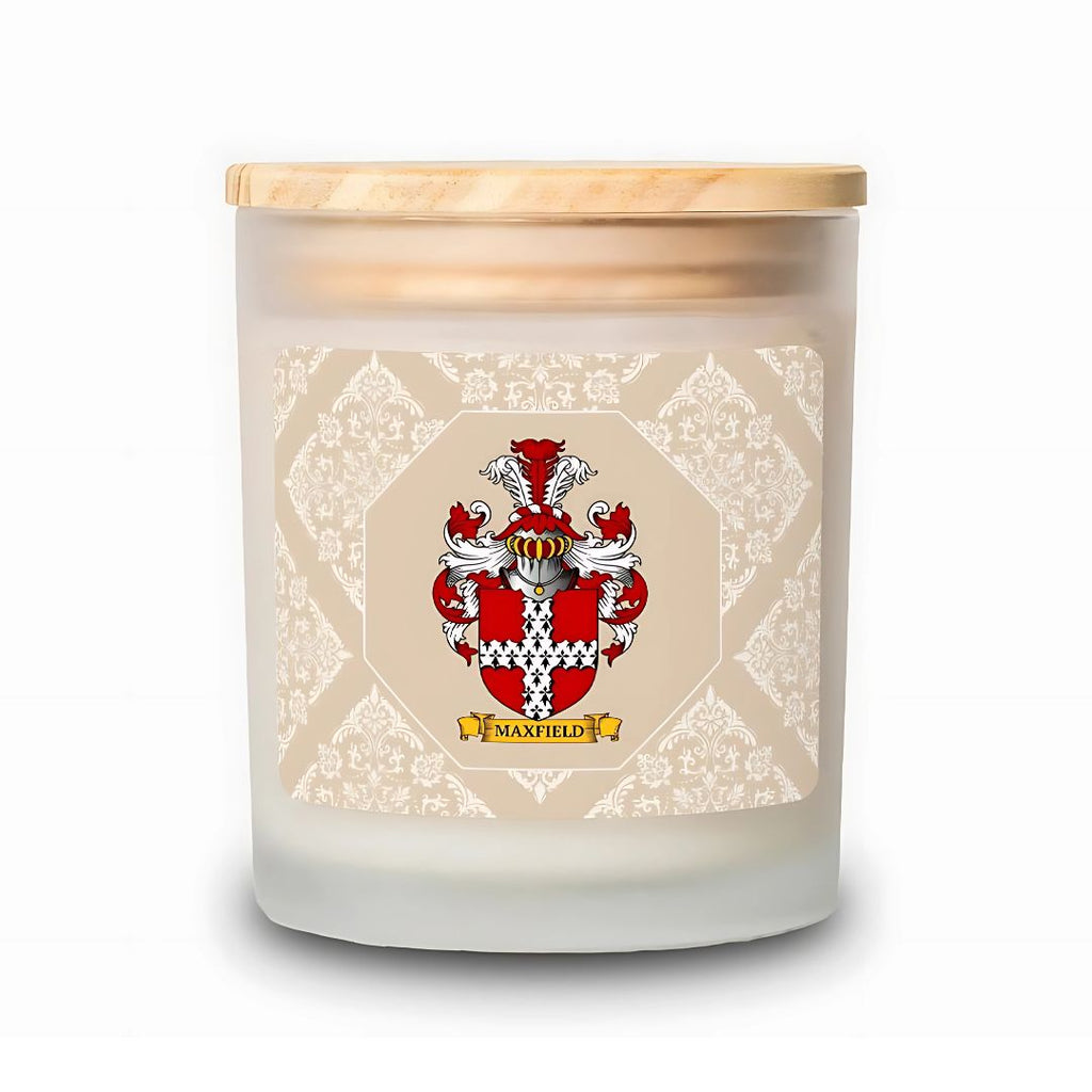 Personalized scented candle with a  featuring a family crest on a beige background