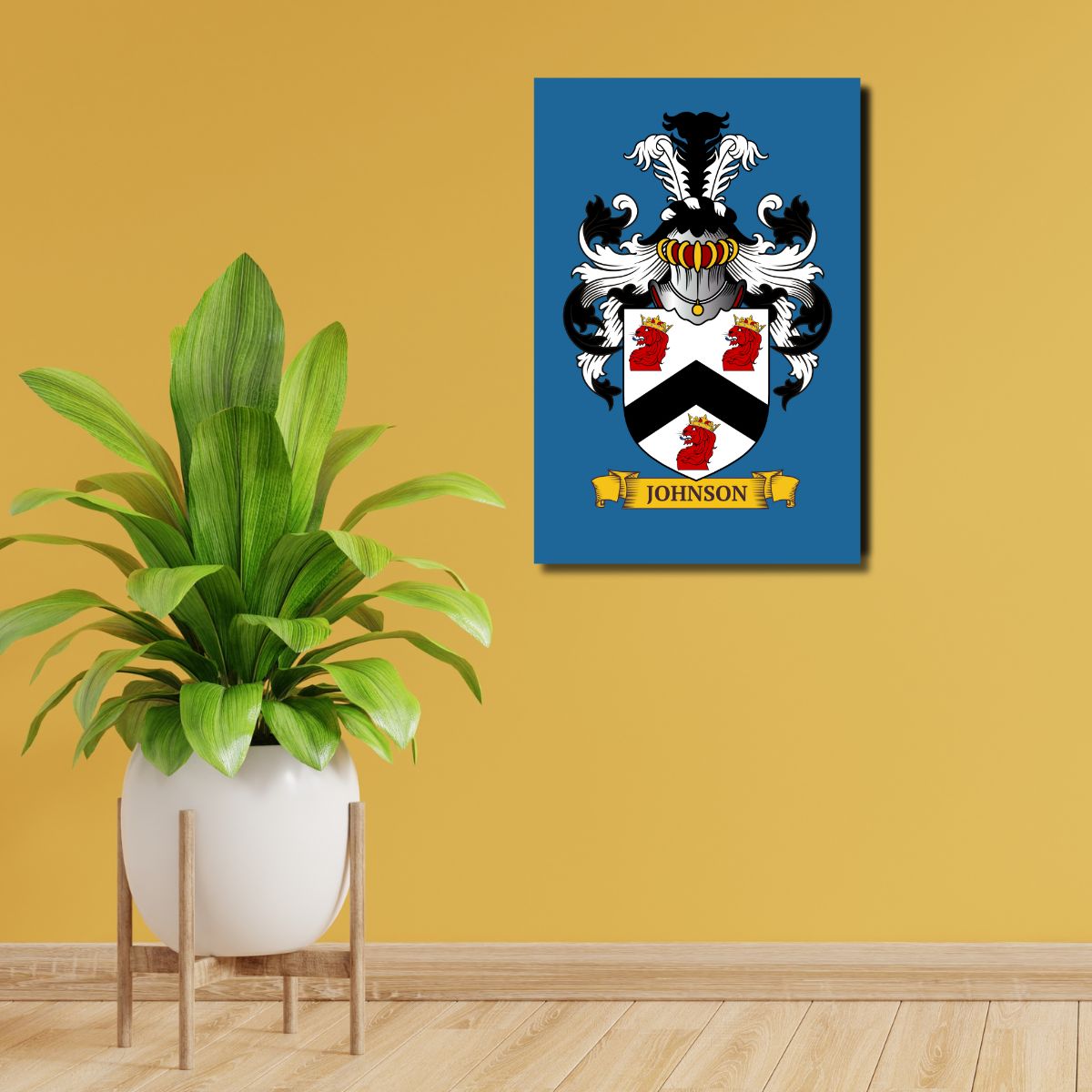 Blue personalized aluminum print of a family crest, against a yellow wall.