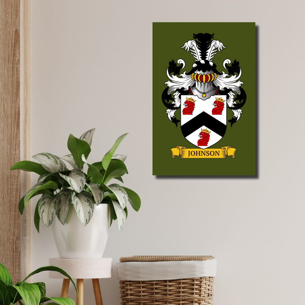 Personalized green metal print of a family crest, displayed on a wall above a plant and basket.