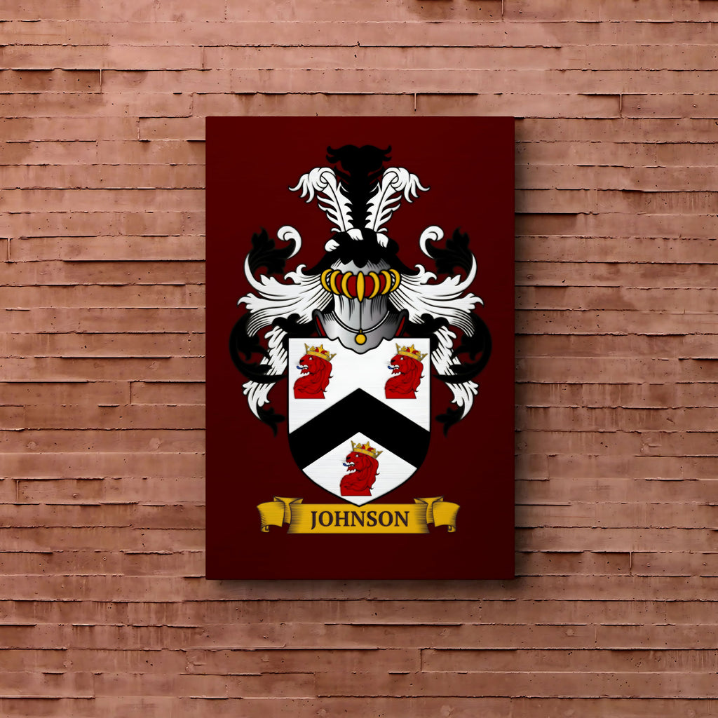 Personalized burgundy metal print of a family crest, displayed on a brick wall.