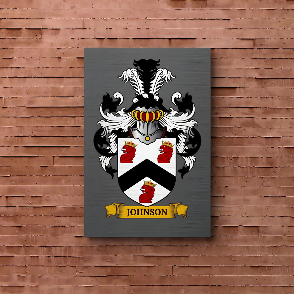 Customized gray metal print of a family crest, on a brick wall.
