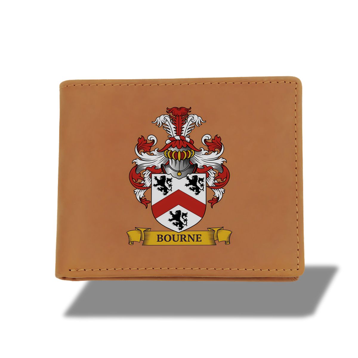 Brown leather wallet personalized with a coat of arms and 'Bourne' last name  on a white background