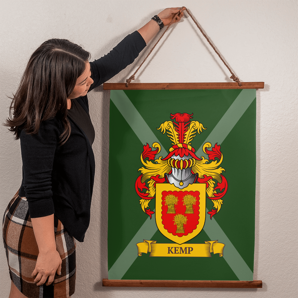 Olive green family crest tapestry displayed in home office environment