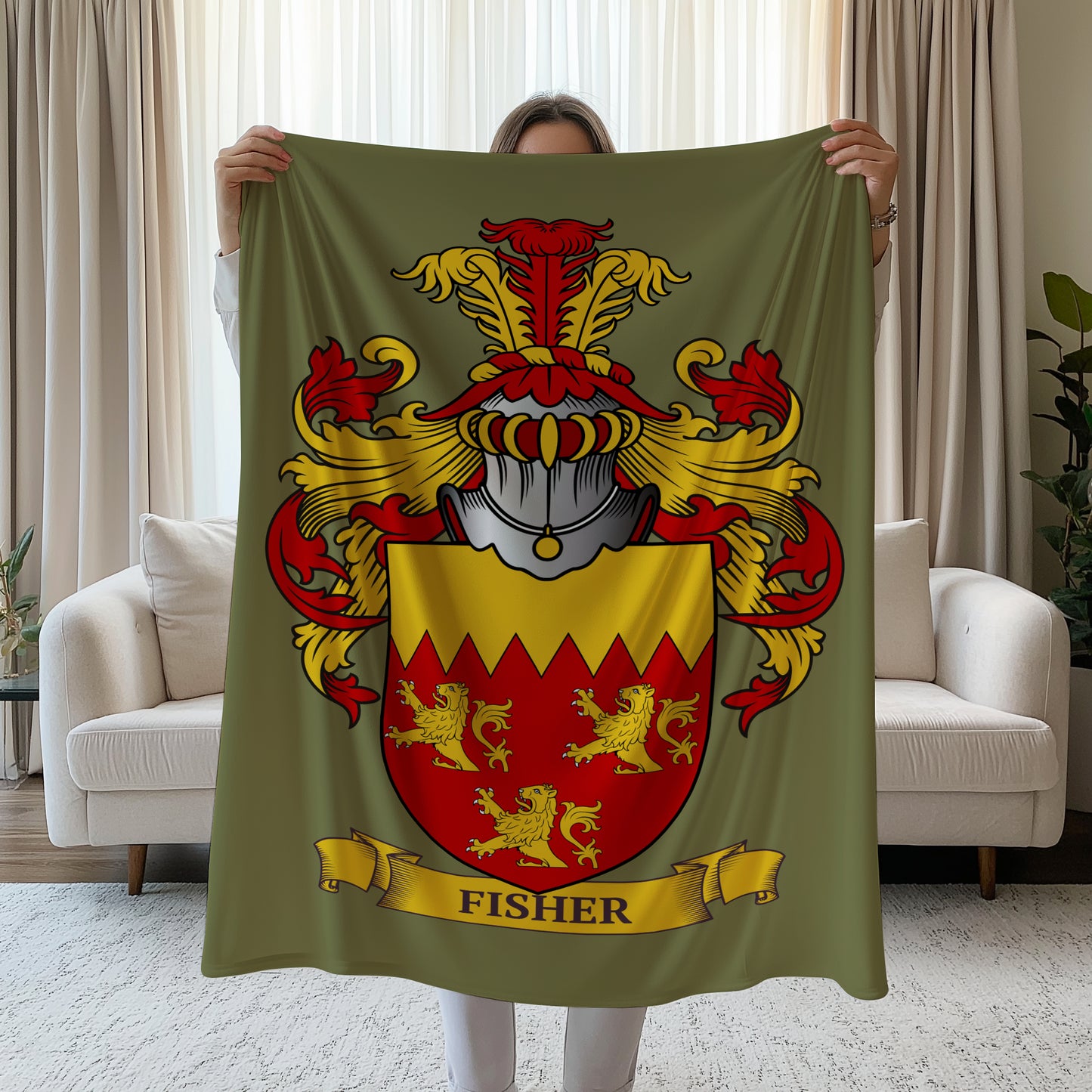 Person holding a Personalized velveteen green blanket with a colorful coat of arms design, in a living room.
