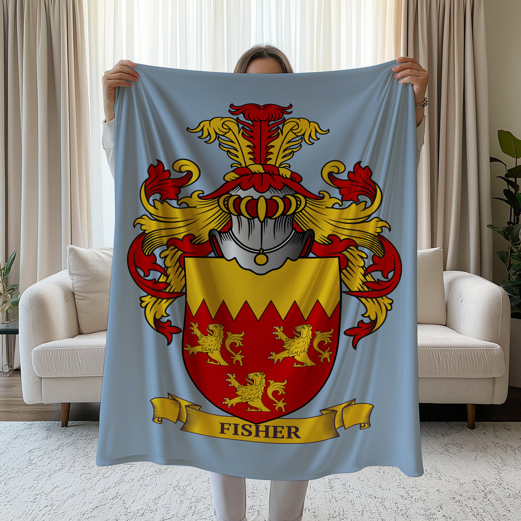 Person holding a Personalized velveteen light blue velveteen blanket with a family crest, in a living room.