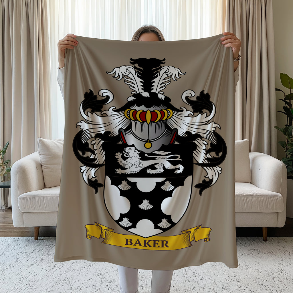 Person holding a velveteen Personalized beige blanket with a family crest in it, in a living room.