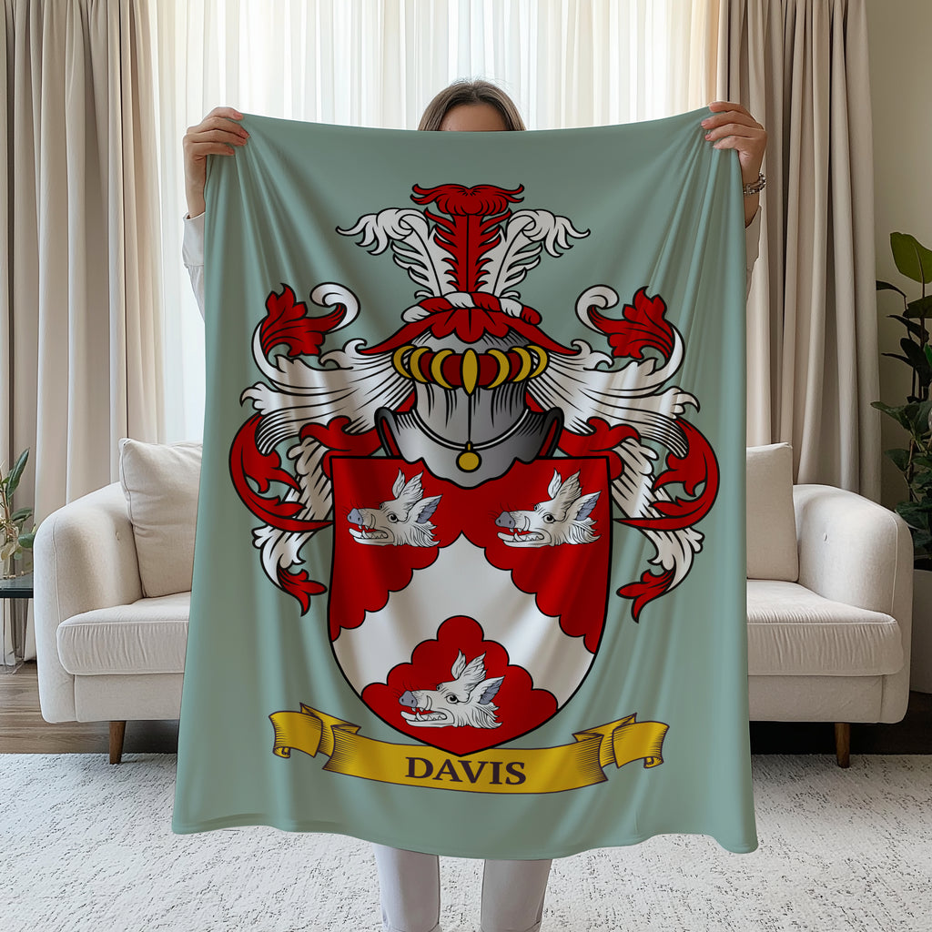 Person holding a Personalized velveteen green blanket with a red and white coat of arms, in a living room.