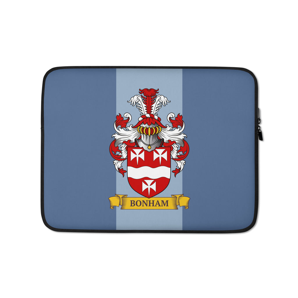 Blue color 13" Laptop sleeve with a personalized family crest on a 2 tone blue background