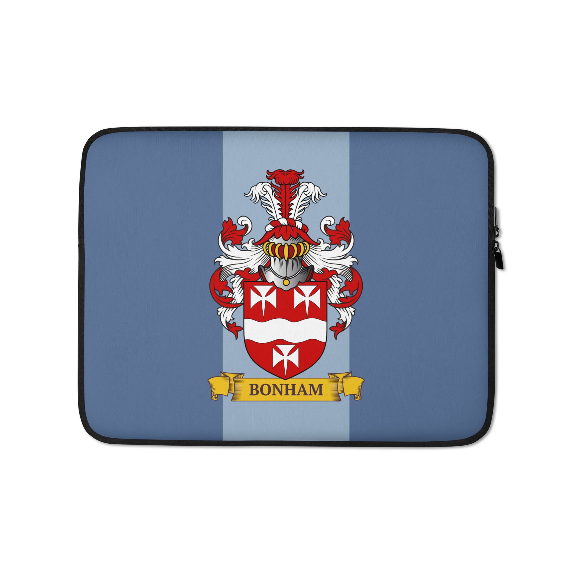 Blue color 13" Laptop sleeve with a personalized family crest on a 2 tone blue background