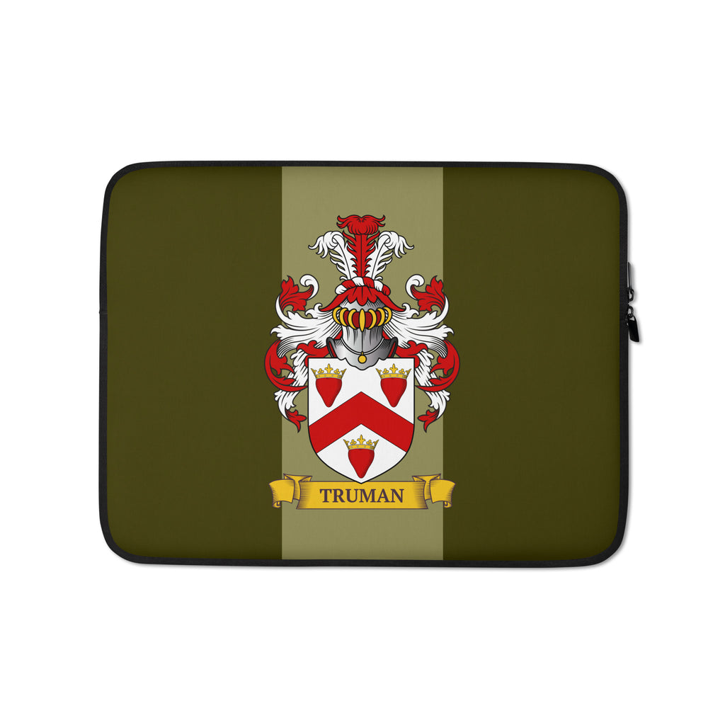 Olive green color 13" Laptop sleeve with a personalized family crest on a 2 tone green background