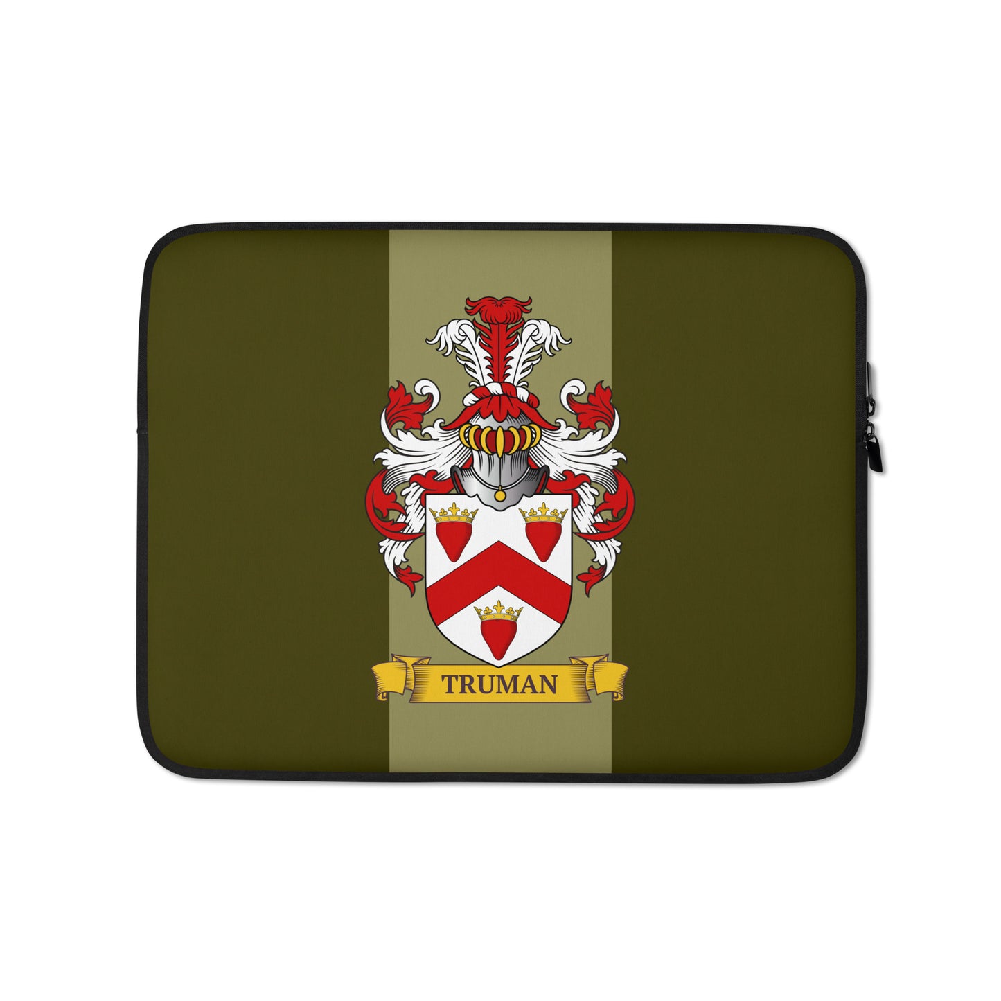 Olive green color 13" Laptop sleeve with a personalized family crest on a 2 tone green background