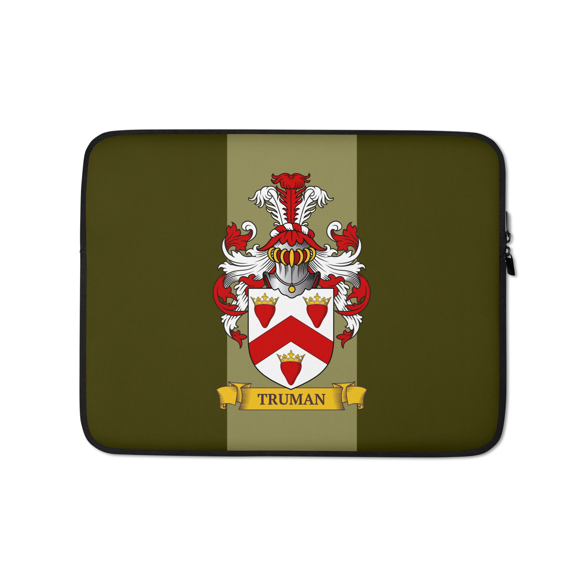 Olive green color 13" Laptop sleeve with a personalized family crest on a 2 tone green background