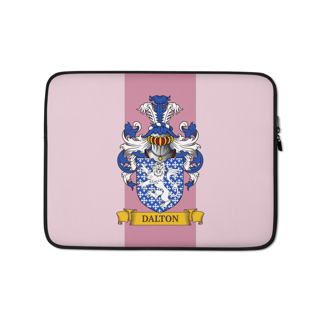 Pink color 13" Laptop sleeve with a personalized family crest on a 2 tone pink background