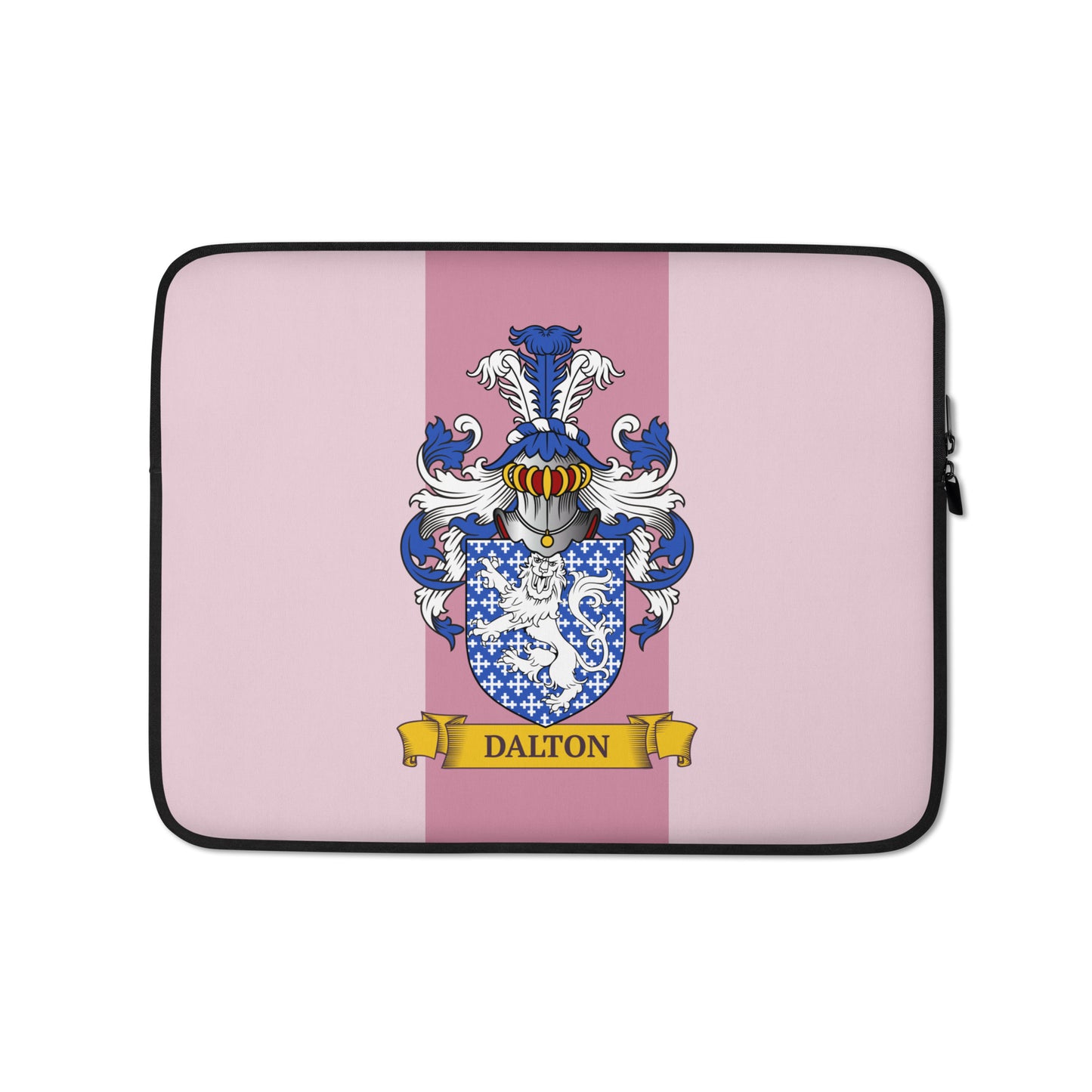 Pink color 13" Laptop sleeve with a personalized family crest on a 2 tone pink background