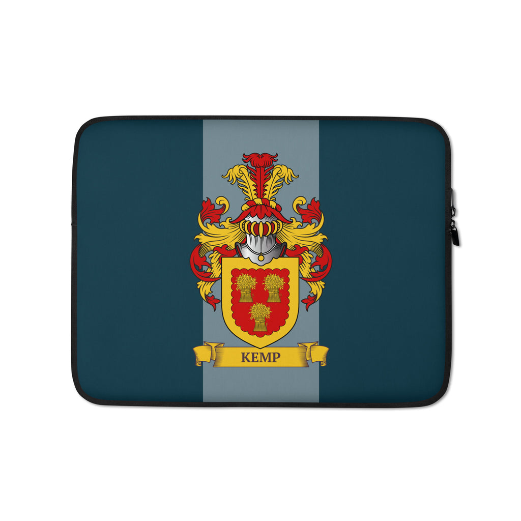 Teal color 13" Laptop sleeve with a personalized coat of arms on a 2 tone teal background