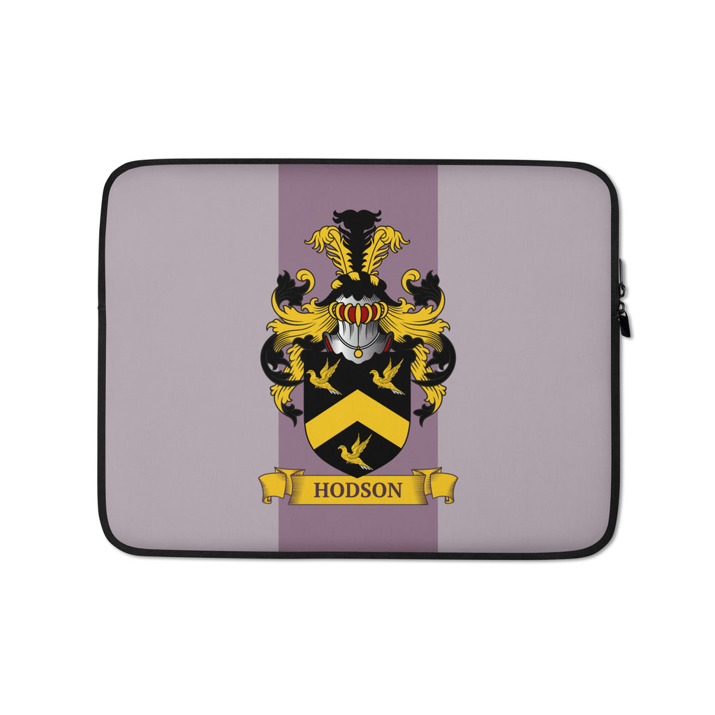 Mauve color 13" Laptop sleeve with a personalized coat of arms on a 2 tone mauve background