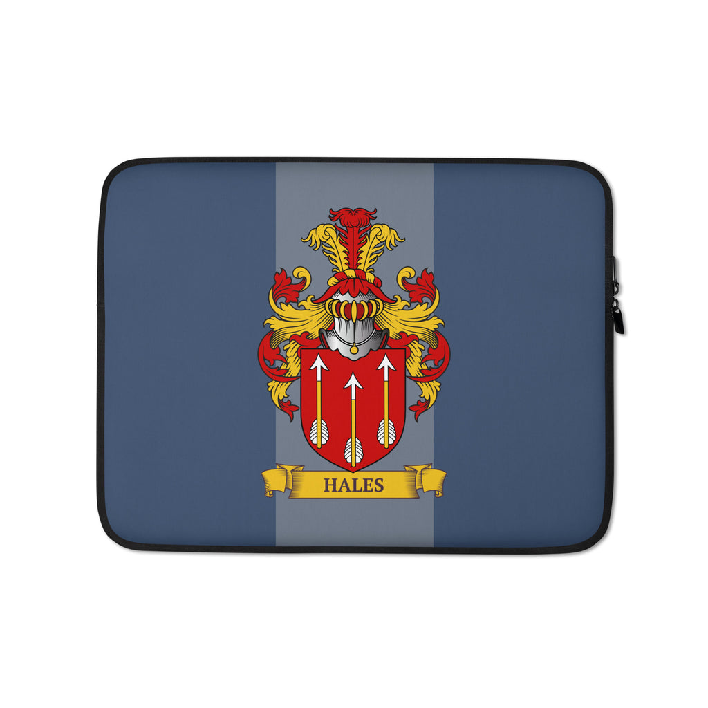 Navy 13" Laptop sleeve with a coat of arms design on a 2 tone blue background