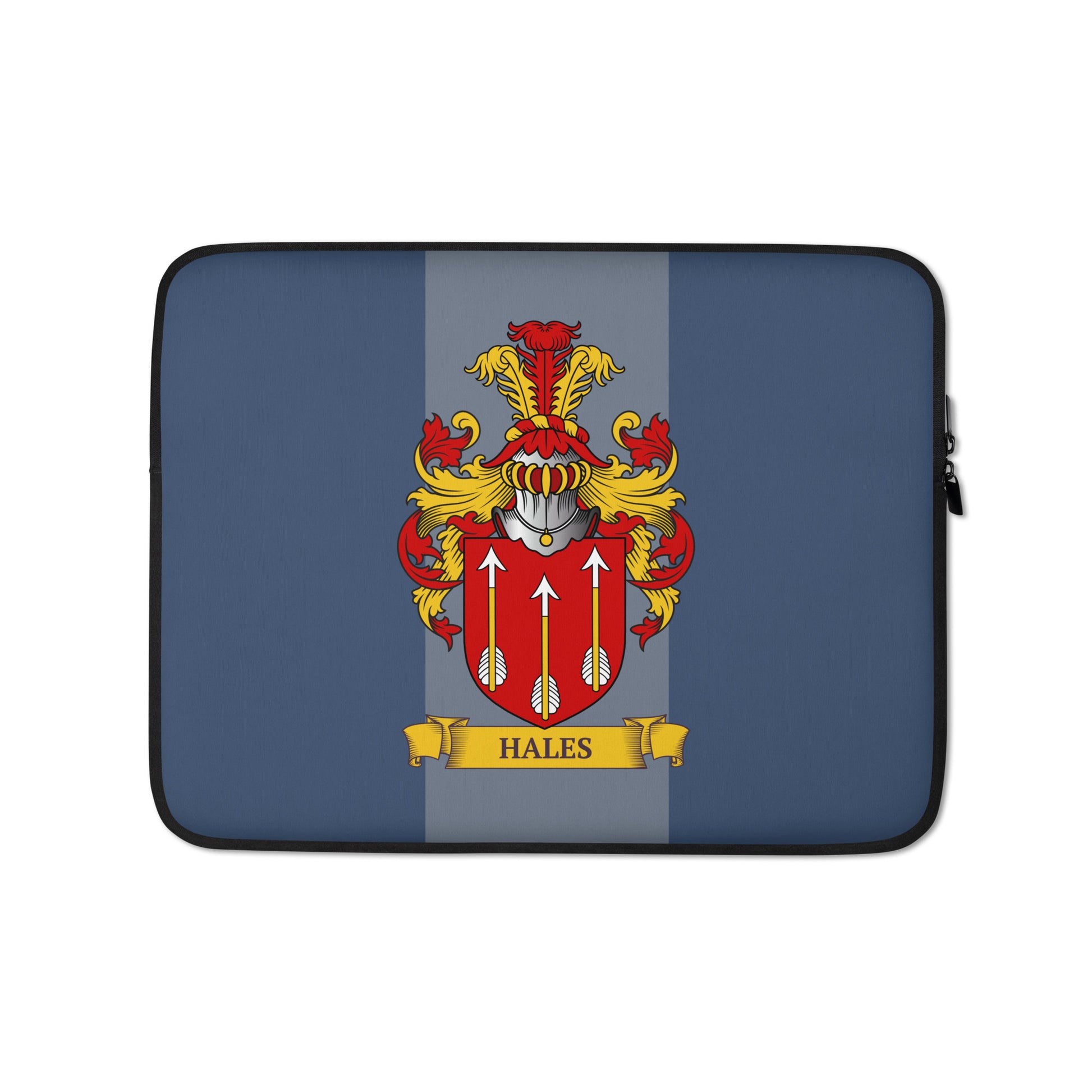 Navy 13" Laptop sleeve with a coat of arms design on a 2 tone blue background