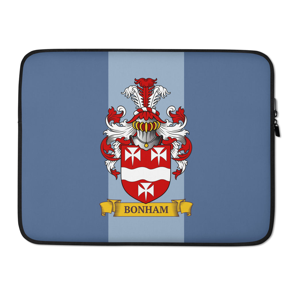 Blue color 15" Laptop sleeve with a personalized family crest on a 2 tone blue background