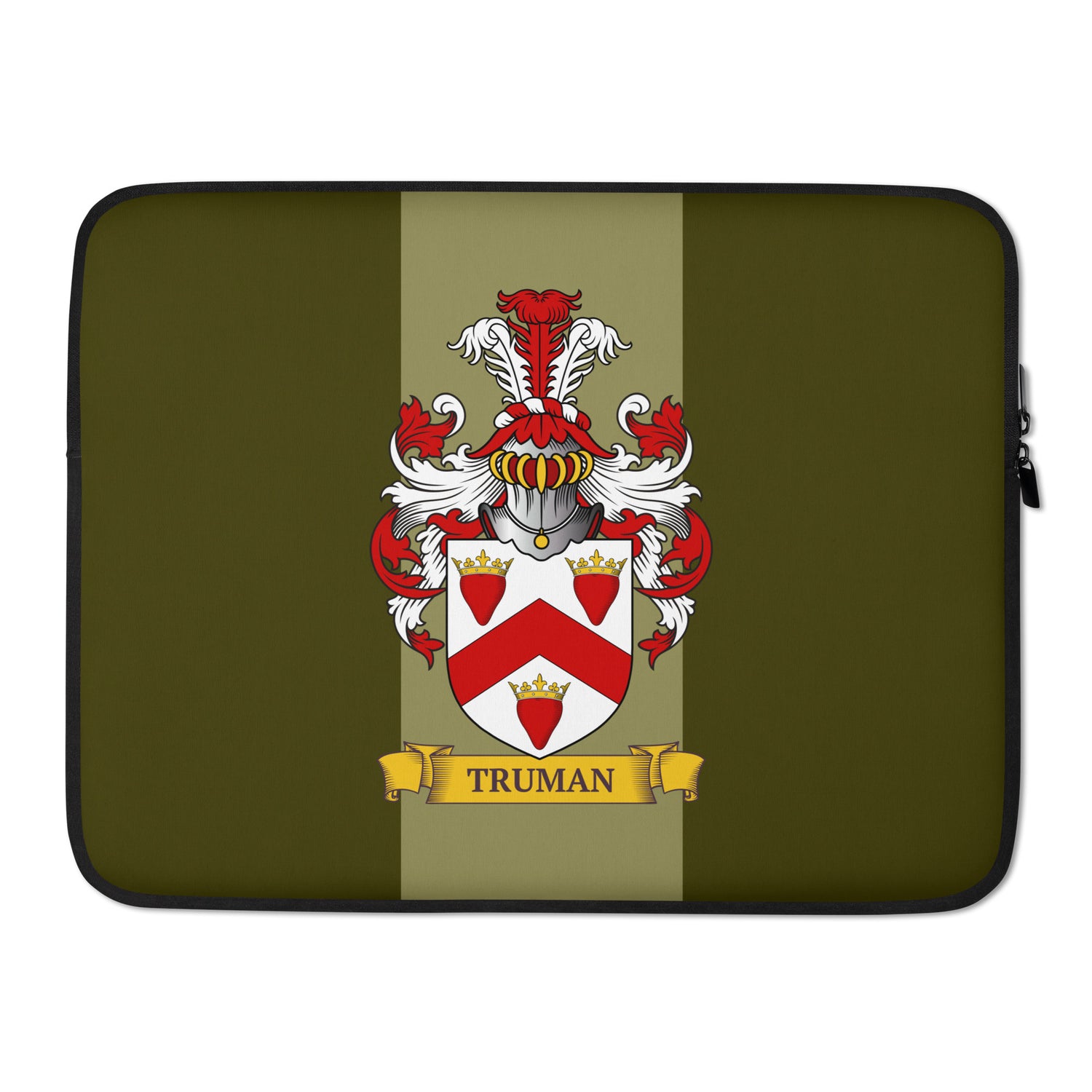 Olive green color 15" Laptop sleeve with a personalized family crest on a 2 tone green background