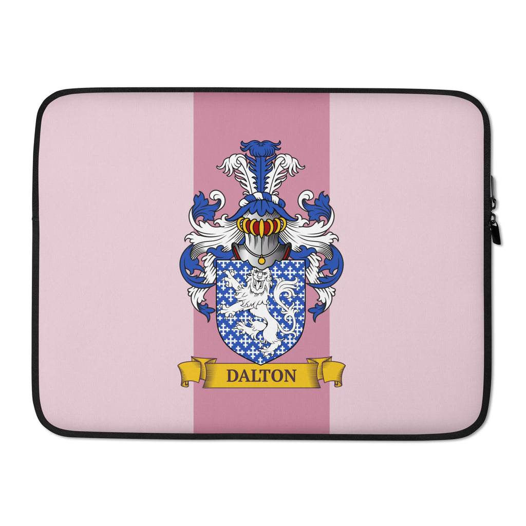 Pink color 15" Laptop sleeve with a personalized family crest on a 2 tone background