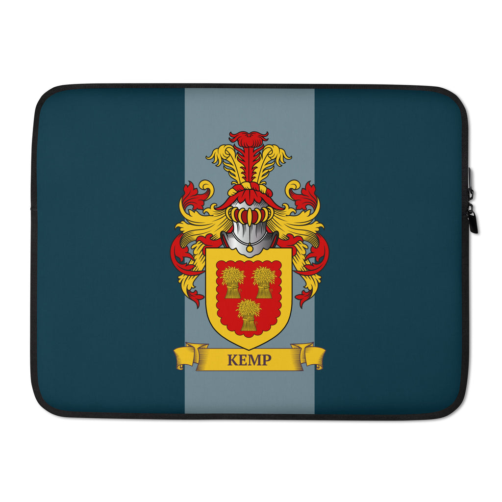 Teal color 15" Laptop sleeve with a personalized coat of arms on a 2 tone teal background
