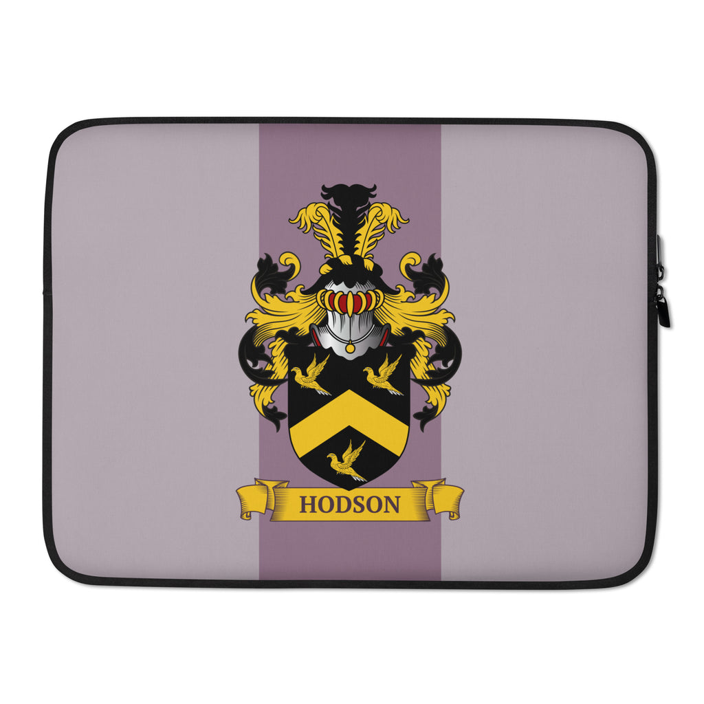 Mauve color 15" Laptop sleeve with a personalized coat of arms on a 2 tone mauve background