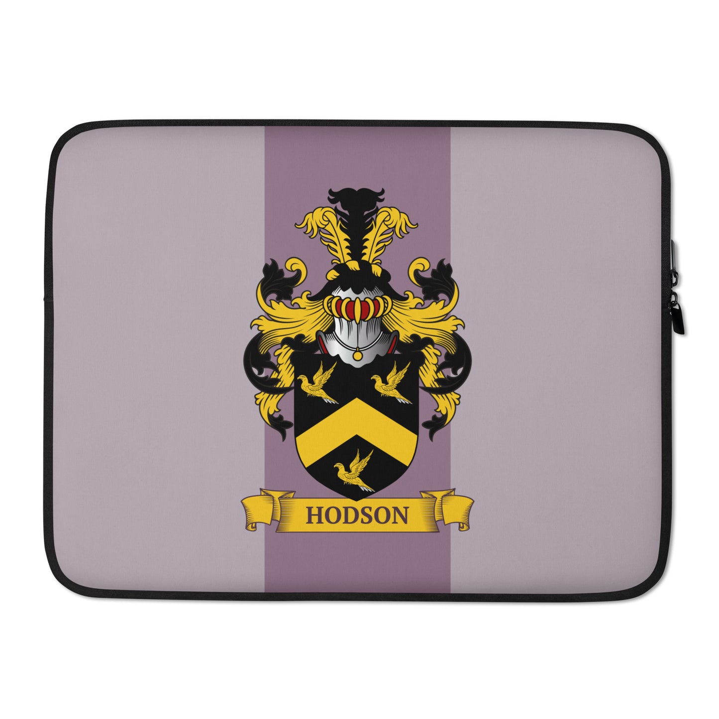 Mauve color 15" Laptop sleeve with a personalized coat of arms on a 2 tone mauve background