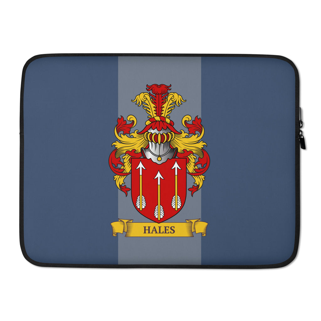 Navy 15" Laptop sleeve with a coat of arms design on a 2 tone blue background