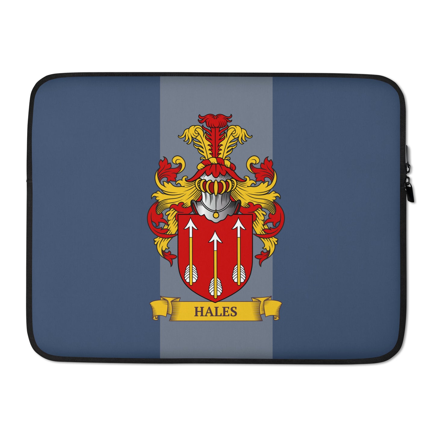 Navy 15" Laptop sleeve with a coat of arms design on a 2 tone blue background